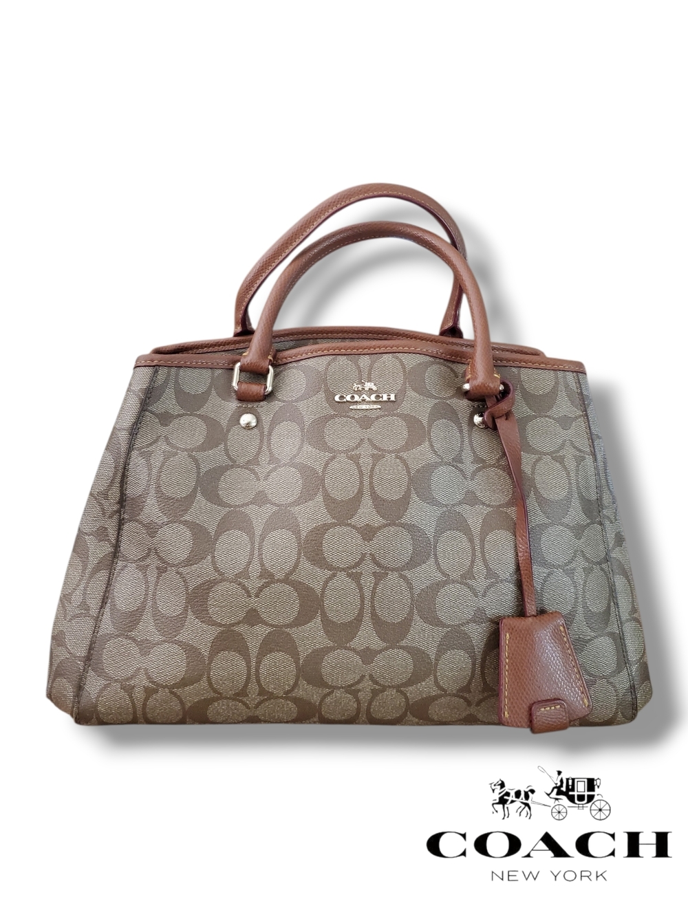 Coach Signature F34608 Margot Brown Canvas Tote Bag with Leather Trim
